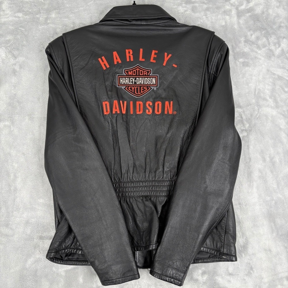 Harley Davidson Womens Leather Jacket Black Large Embroidered Logo Pockets - Picture 12 of 16